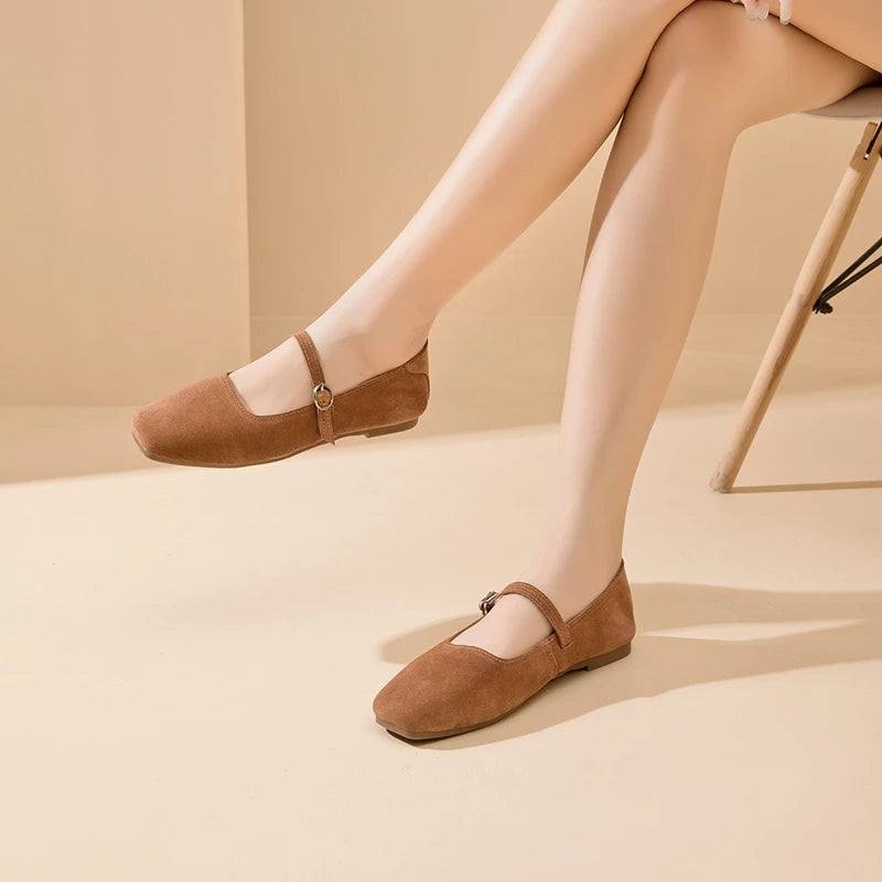 AIYUQI Mary Jane Women's Shoes 2026 New Suede Leather Non-slip Women Ballet Flat Shoes Square Toe Comfortable Female Shoes