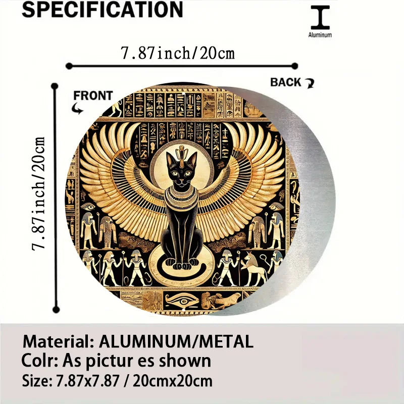 Egyptian Cat Goddess Vintage Metal Sign - Majestic Aluminum Round Wall Art, 7.8x7.8 Inch - Perfect for Bars, Cafes, Beach Houses