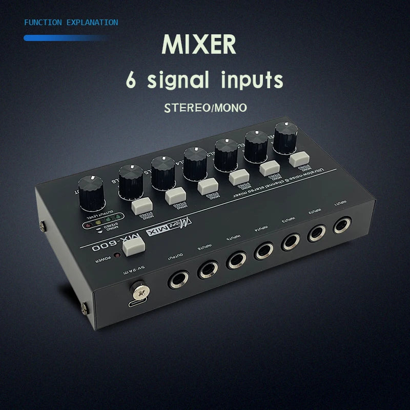 6-Channel Stereo Audio Mixer Mini Portable Professional USB Audio Mixer, Ultra-Low Noise Line Mixing For On-Site Recording ﻿