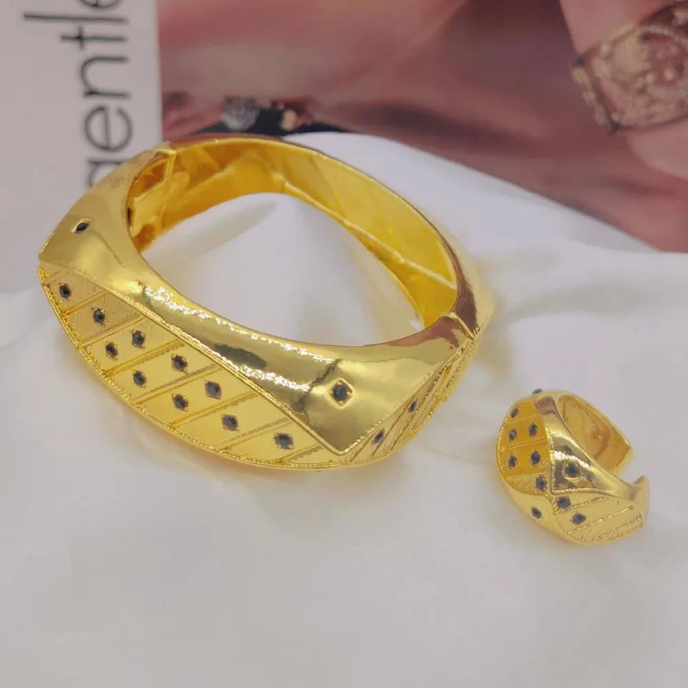 ethiopian hand gold color bracelet bangles rings set for Women bracelet Rings Jewelry Gift Weddings party set