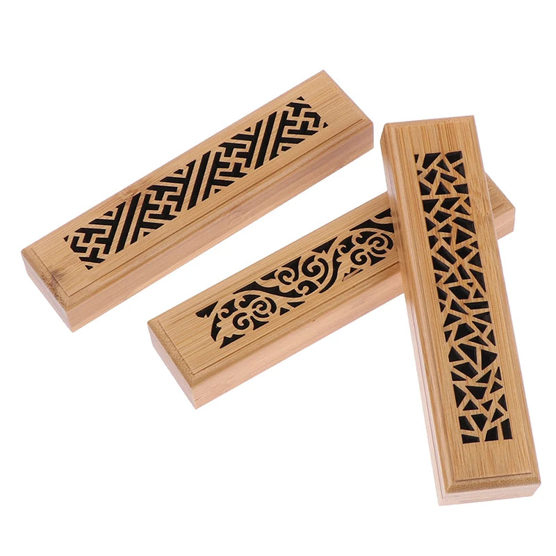 1Pc Bamboo Wood Incense Stick Holder Burning Joss Insence Box Burner Ash Catcher