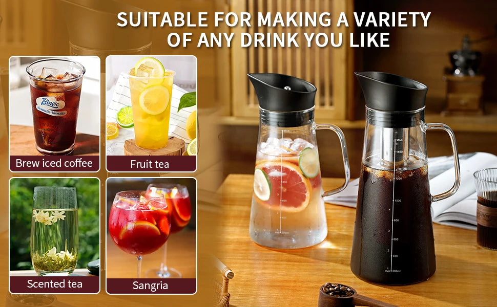 BINCOO 1500ML Cold Brew Coffee Maker with Removable Stainless Steel Filter, Home Cold Brew Coffee Iced Tea Maker & Fruit Pitcher