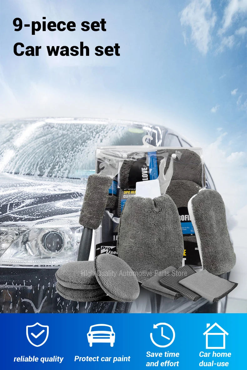 9pcs Car Wash Cleaning Kits Microfiber Towels Blush Sponge Wash Glove Polish Care Applicator Pads Auto Detailing Washing Tools