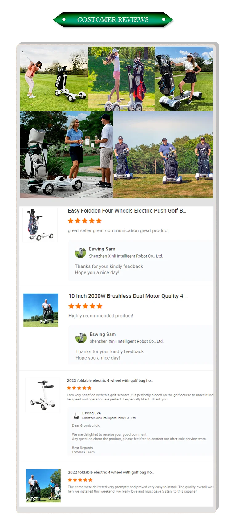 Eswing 2025 Four Wheel Stand up Golf Buggy 10 Inch 1600W Electric Golf Cart Folding Trolley Golf Scooter for Golf Courses