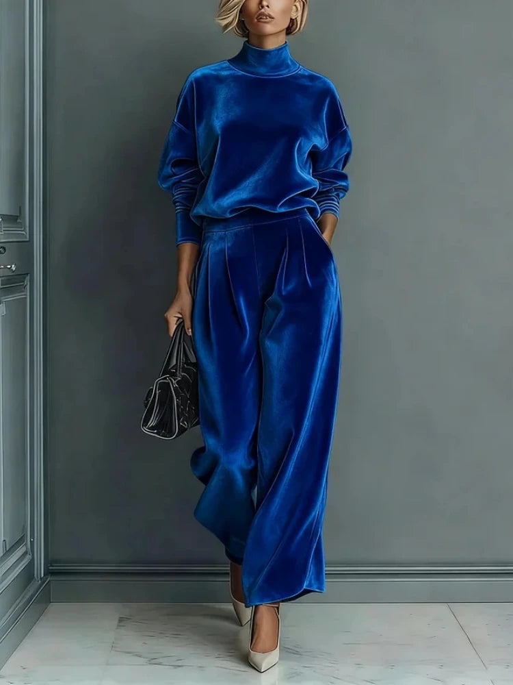 2026 Women Casual Warm Sportswear Set Velvet Long-sleeved Solid Color High-neck Wide-leg Pants Fashion Spring Autumn New Style