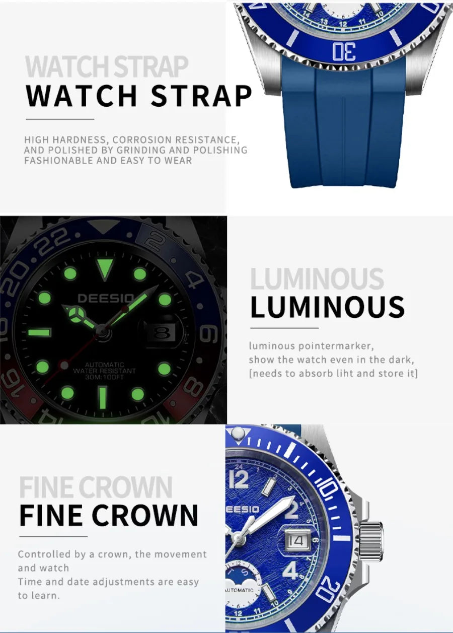 Deesio Classic Fashion Men's Watches Automatic Self-Wind Mechanical Waterproof Luminous Stainless Steel Luxury Gifts for Men