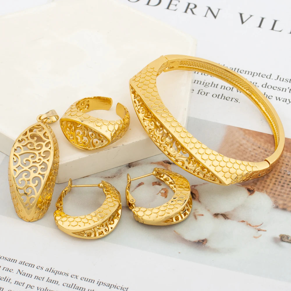 Ethiopian Color Jewelry Set for Women Hollow Out Design Copper Necklace and Earrings Bracelet Ring Set for Engagement Gifts