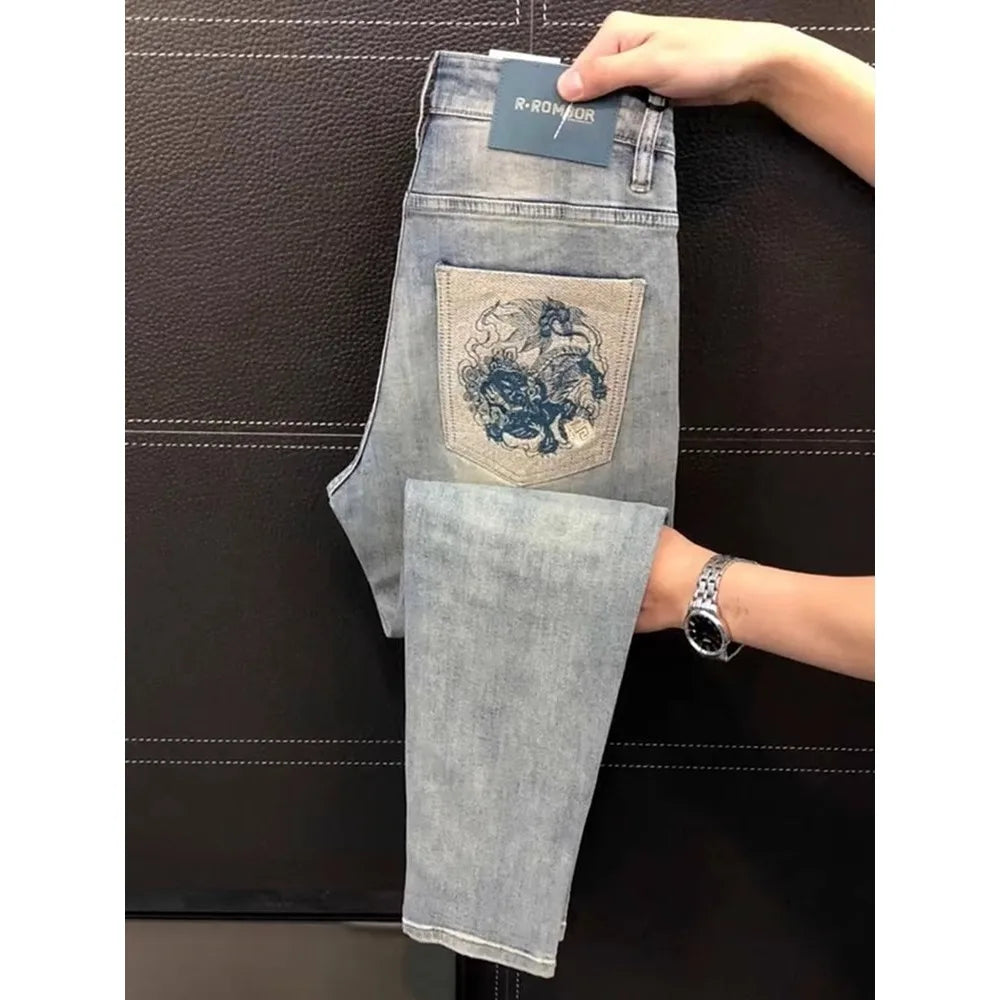 Ele Men's Jeans Casual Slim Fit Embroidered Elastic Summer New Sle Faionable Lightweight Faion Urban Youth Jeans