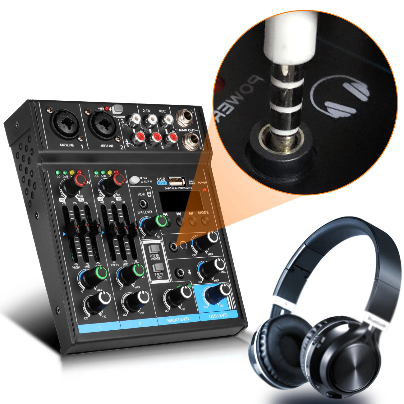 Audio Mixer Depusheng M4 4-Channels Mini Sound Mixing Console Bluetooth USB Record Computer 5V Repaeat Effect