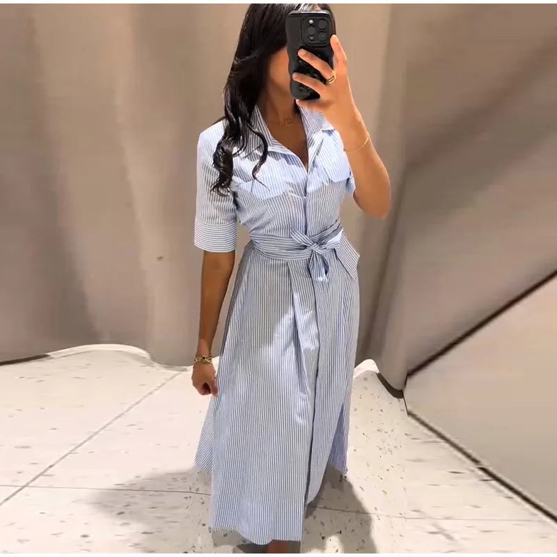 Casual Striped Women Summer Dress Lapel Single Breast Half Sleeve Slim Waist Long Dresses 2025 Autumn Lady Fashion Vacation Robe