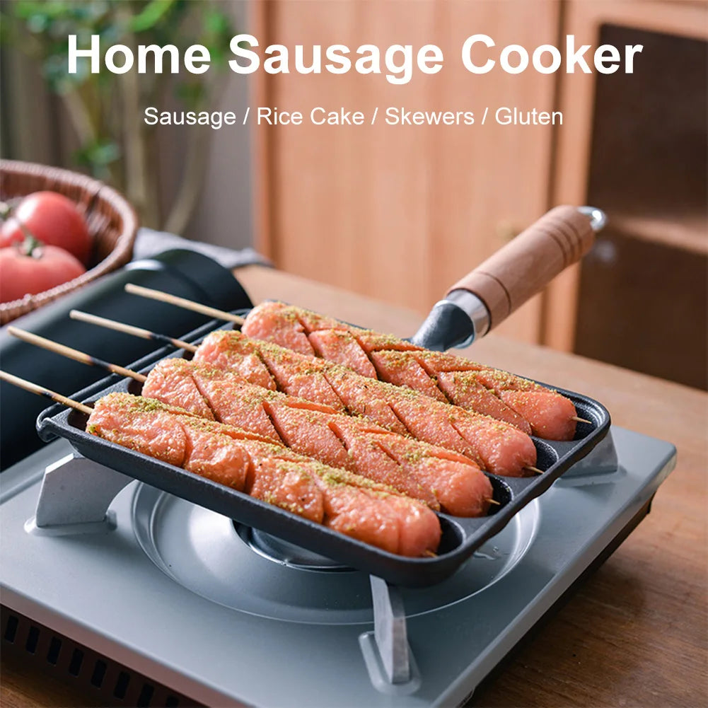 Cast Iron Pre-Seasoned Pot Non-Stick Pre-Seasoned Grilled Sausage Pot with Wooden Handle Hot Dog Mold Pan BBQ Supply Grilled Pot