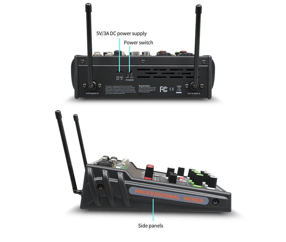 4 Channel Karaoke Audio Mixer with Dual UHF Wireless Microphone USB Bluetooth DJ Mixer for Party Computer Studio Recording DGNOG