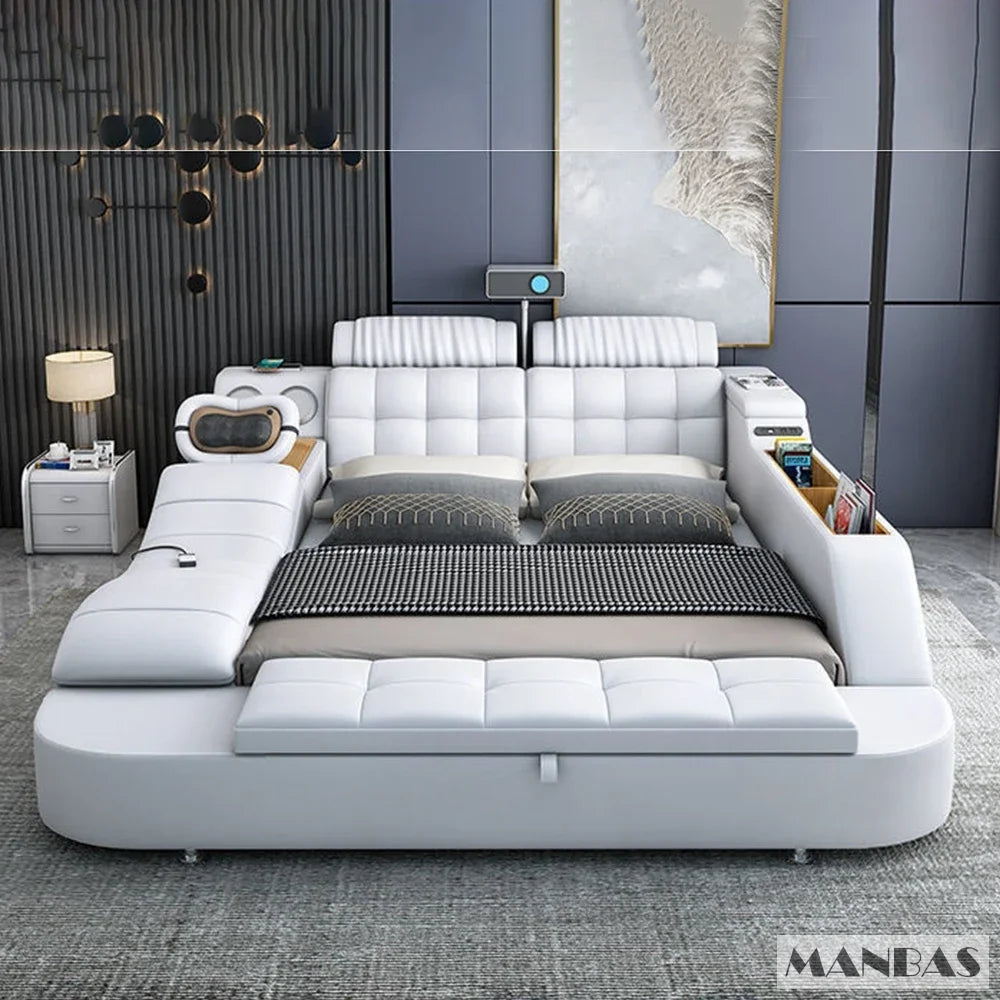 D MANBAS Tech Smart Genuine Leather Bed | Multifunctional Ultimate Beds | Massage Tatami Bed With Projecter | Upholstered Cama