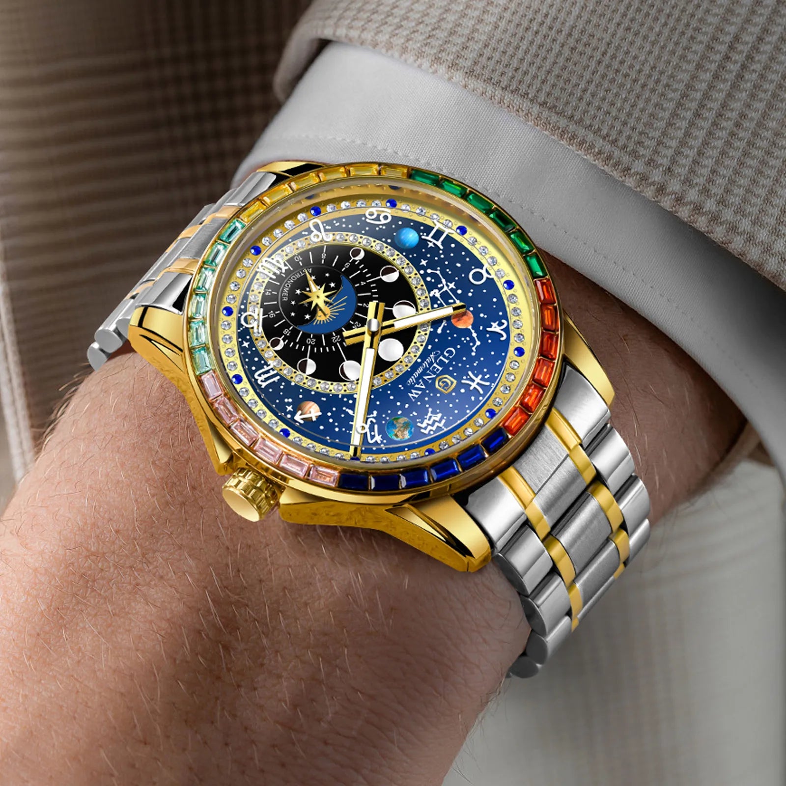 2025 New GLENAW Rainbow Circle Mechanical Watch Men Constellation dial Design Night Light Waterproof Top Luxury Mechanical Watch