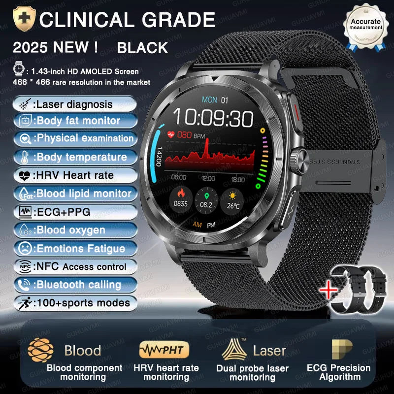 2025New ECG+PPG Laser Diagnose Blood pressure Smart Watch Men Heart Rate Uric Acid Blood fat Body analysis Health NFC Smartwatch