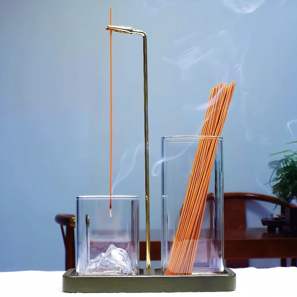 2 in 1 Fragrance Rack Anti-ash Aromatherapy Stove, Removable 3D Volcanic Glass Ash Tray with Walnut Base (suitable for Incense)