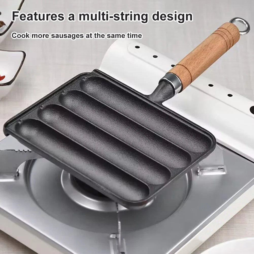 Cast Iron Pre-Seasoned Pot Non-Stick Pre-Seasoned Grilled Sausage Pot with Wooden Handle Hot Dog Mold Pan BBQ Supply Grilled Pot