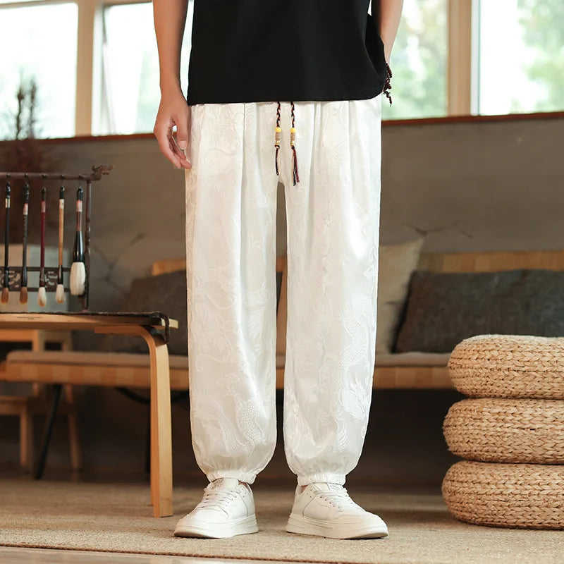 2026 Men's Chinese Style Pants Summer Ice Silk Casual Trousers Vintage Dragon Print High Quality Loose Wide Leg Harem Pants Male