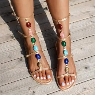 2024 New Bohemian Style Fashion Summer New Roman Sandals Gem Inlaid Plus Size Beach Shoes Shoes for Women