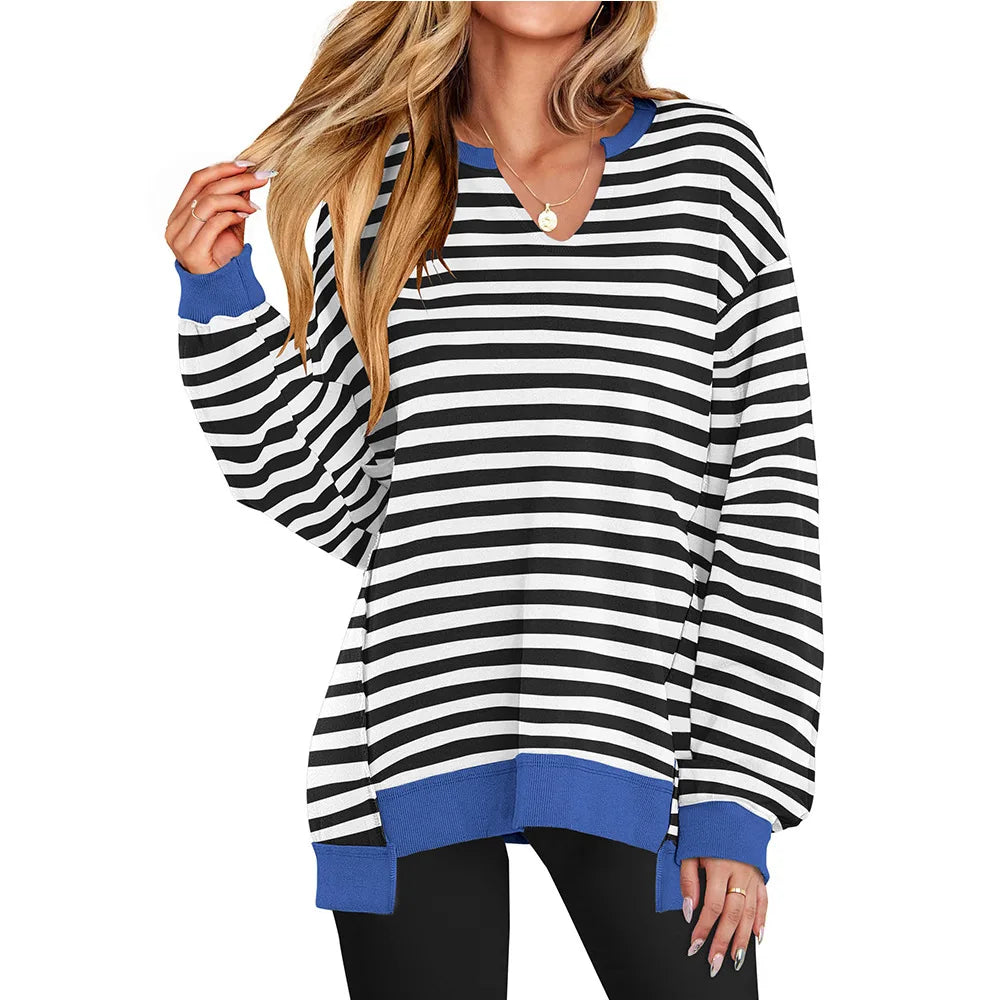 2026 Spring Sweatshirts Women Sweatshirt Tops V Neck Full Sleeve Y2k Streetwear Work Casual Loose Elegant Striped Top Autumn