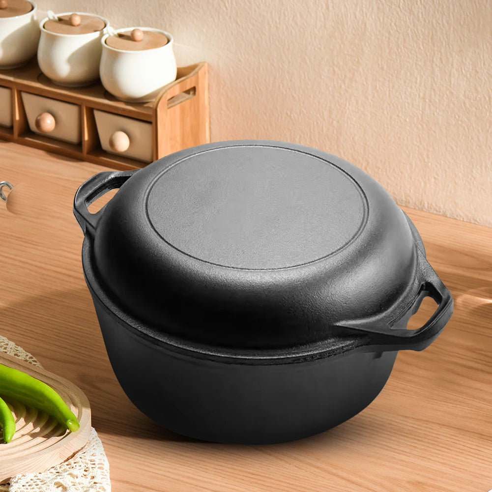 2 in 1 Cast Iron Dutch Oven with Skillet Lid Skillet Cookware Pan Set with Dual Handles for Bread Frying Baking