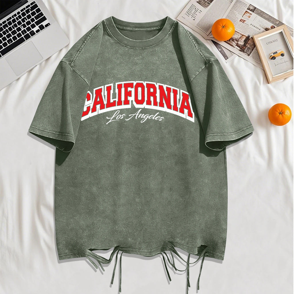 California Los Angeles City Art Letter Snow Wash Holes T-Shirt Mans Cotton Retro Tee All-Match Sportwear O-Neck Loose Clothing