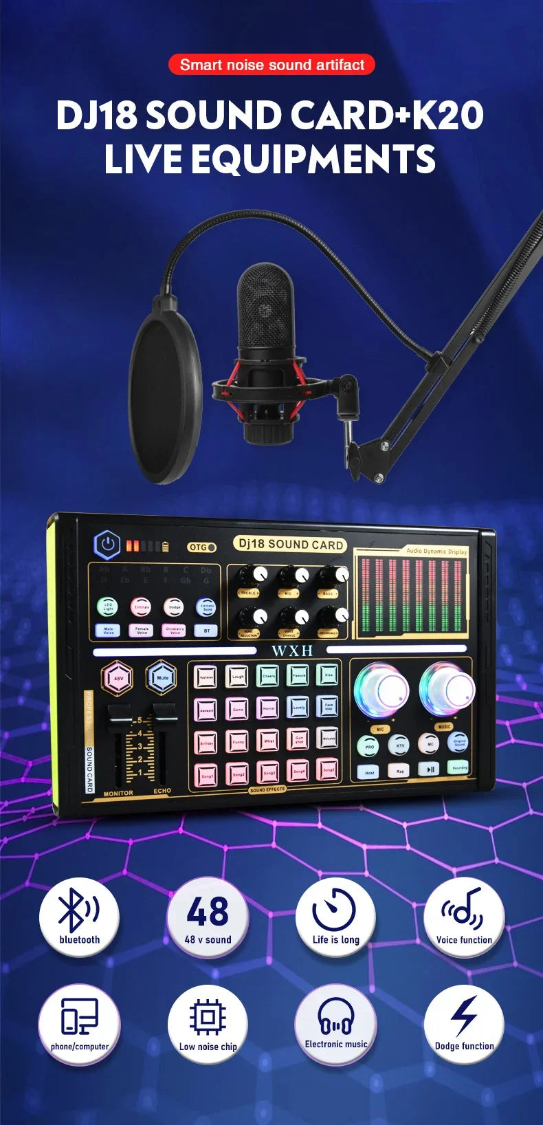 DJ18 Sound Card Studio Record Professional Mixer Singing Noise Reduction Microphone Voice BM800 Live Broadcast Mick Tok Music