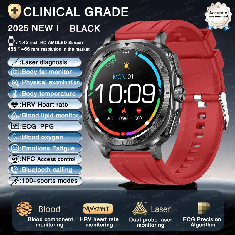 2025New ECG+PPG Laser Diagnose Blood pressure Smart Watch Men Heart Rate Uric Acid Blood fat Body analysis Health NFC Smartwatch