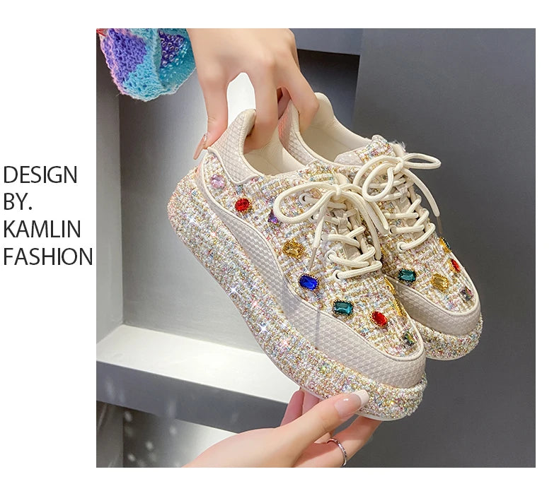 Designer Sneakers for Women 2025 New Spring Shiny Rhinestones Women's Vulcanize Shoes Fashion Autmn Platform Casual Shoes Female