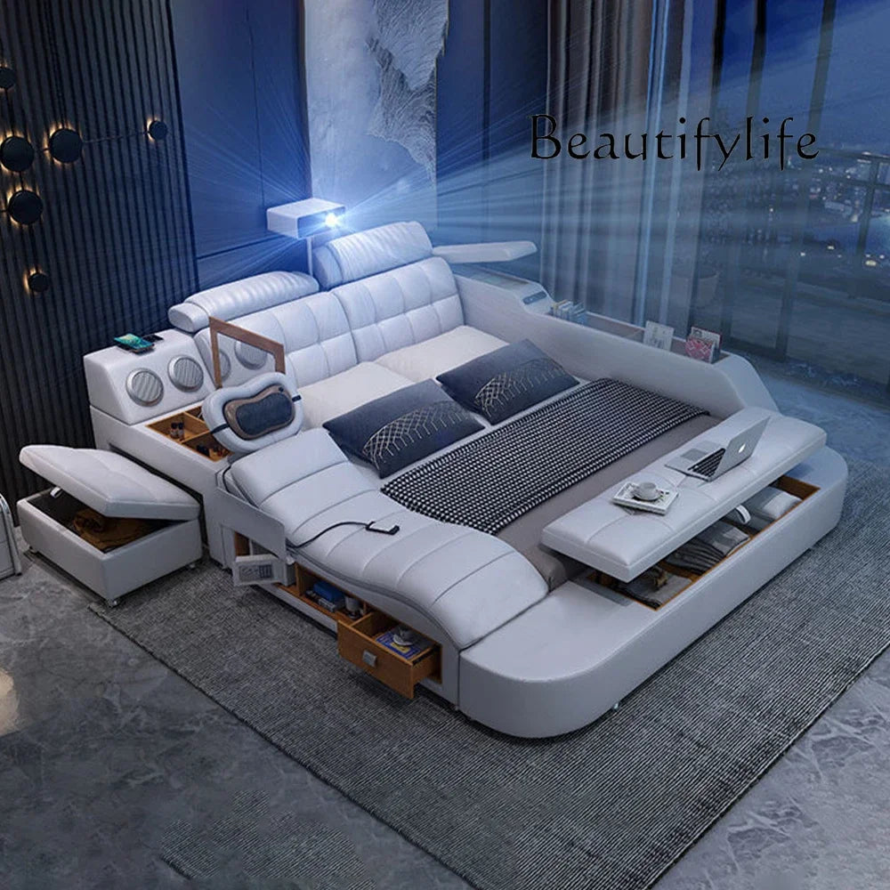 D MANBAS Tech Smart Genuine Leather Bed | Multifunctional Ultimate Beds | Massage Tatami Bed With Projecter | Upholstered Cama