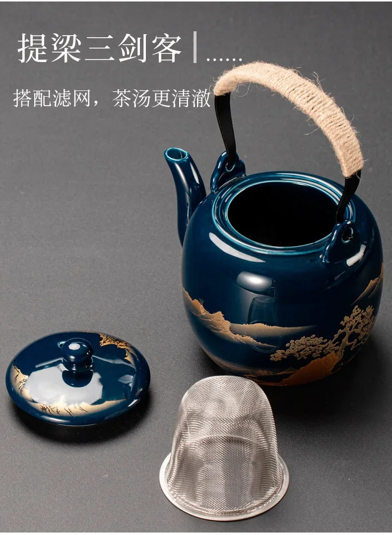 Black glaze large-capacity tea set, simple ceramic beam pot, teacup whole tea pot set  tea set  tea pot and cup set