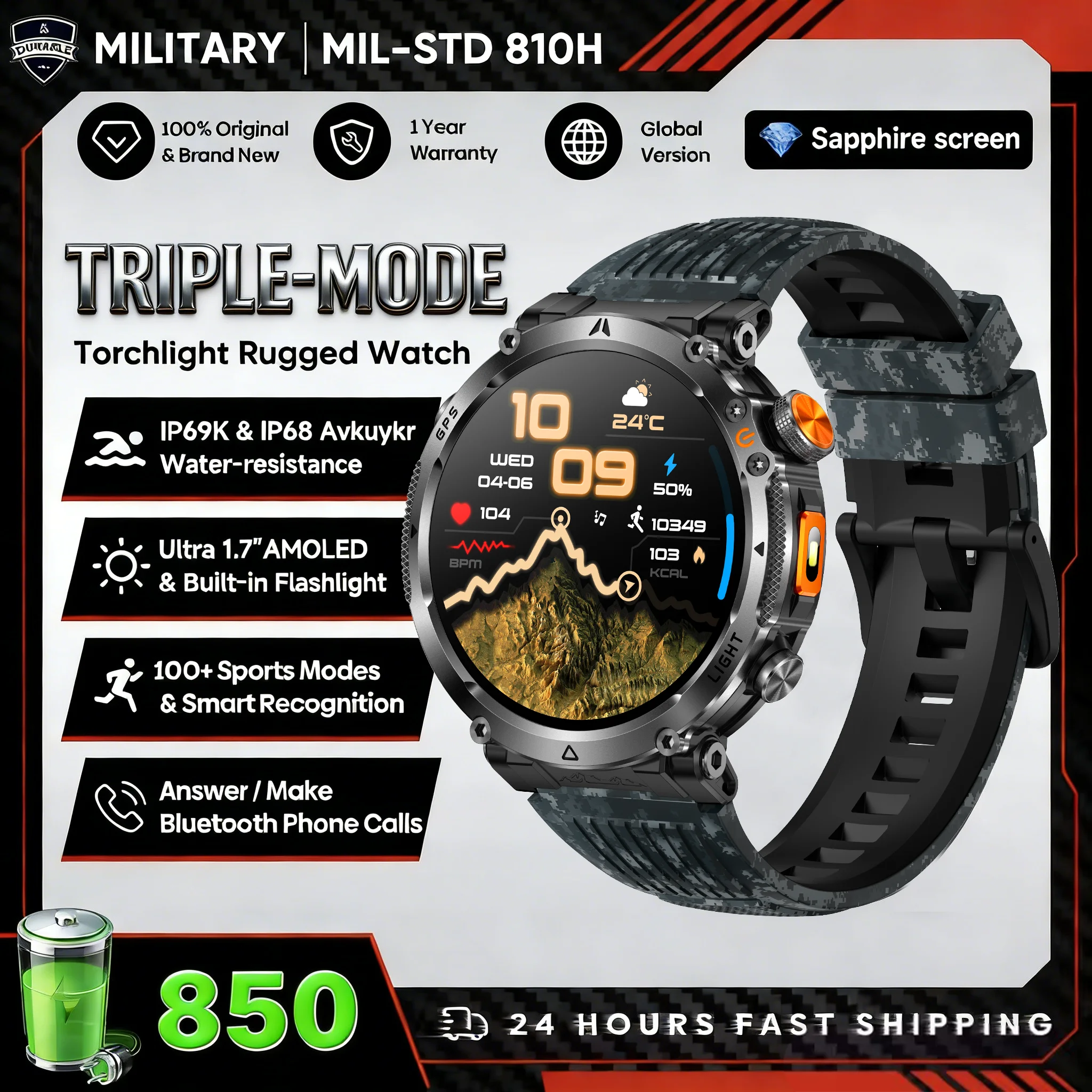 2026 New GPS Ultra Outdoor Sports Smart Watch 1.7" AOD Compass 5ATM Waterproof 170+ Sports Man Durable Military Call Smartwatch