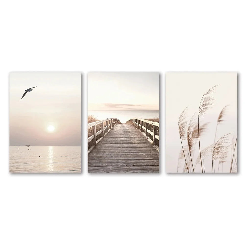 3pcs White Seascape Canvas Painting Nordic Sea Beach Pampas Botanical Grass Posters Decor Living Room Bedroom Wall Art Decor