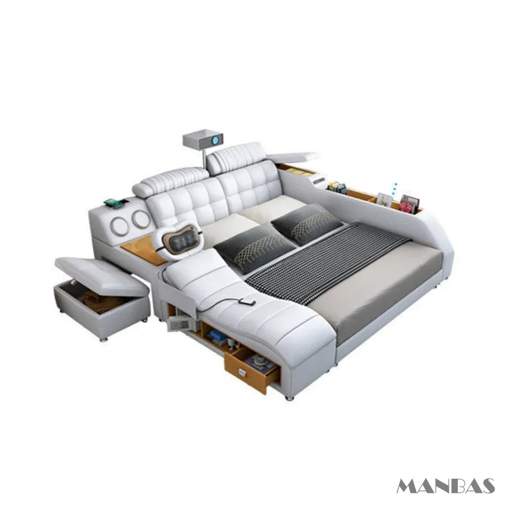 D MANBAS Tech Smart Genuine Leather Bed | Multifunctional Ultimate Beds | Massage Tatami Bed With Projecter | Upholstered Cama