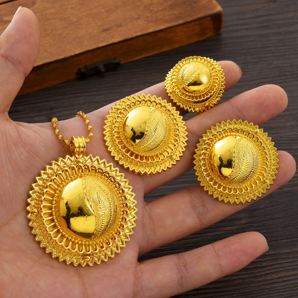 Eritrean Ethnic Style Jewelry Set Gold Color Necklace Pendant Ring Earring  Ethiopian Bride Traditional Wedding Jewelry Gift