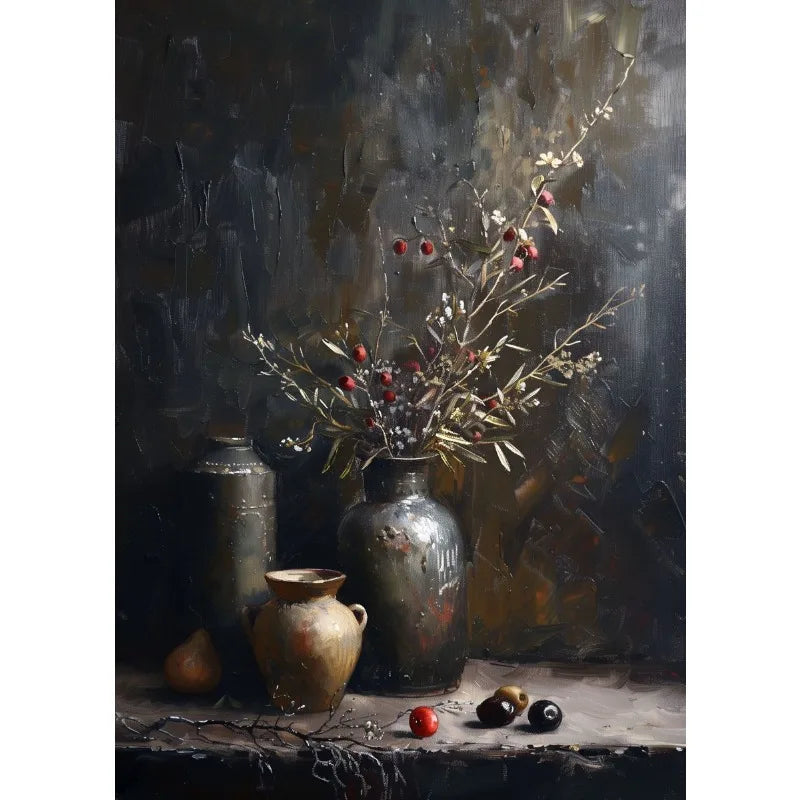 1pc Frameless Retro Still Life Poster Printing Lemon Olive Tree Plant in Vase Canvas Painting Plant Antique Family Room Decor