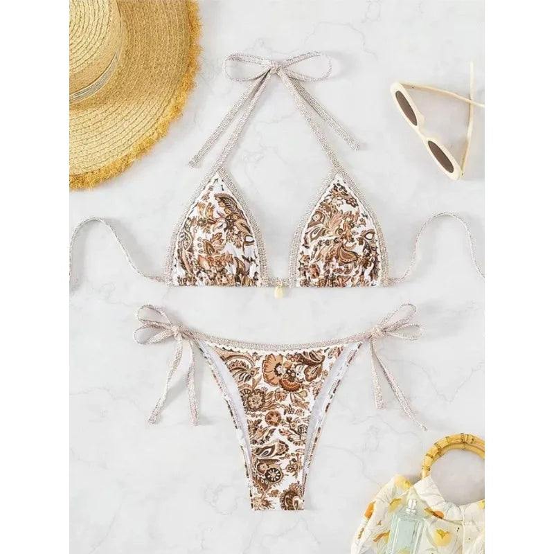 Bikini Split Swimsuit European and American Printed Sexy Strap Swimsuit Ladies' Swimming Clothing and Supplies