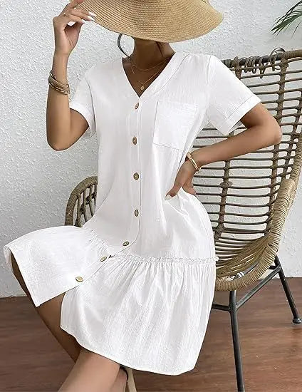 Casual Cotton Linen Summer Mini Dress For Women V-Neck Ruffles Short Sleeve Short Dress Ladies Fashion Loose Button Dresses