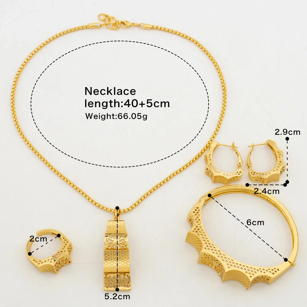 Ethiopian Color Jewelry Set for Women Hollow Out Design Copper Necklace and Earrings Bracelet Ring Set for Engagement Gifts