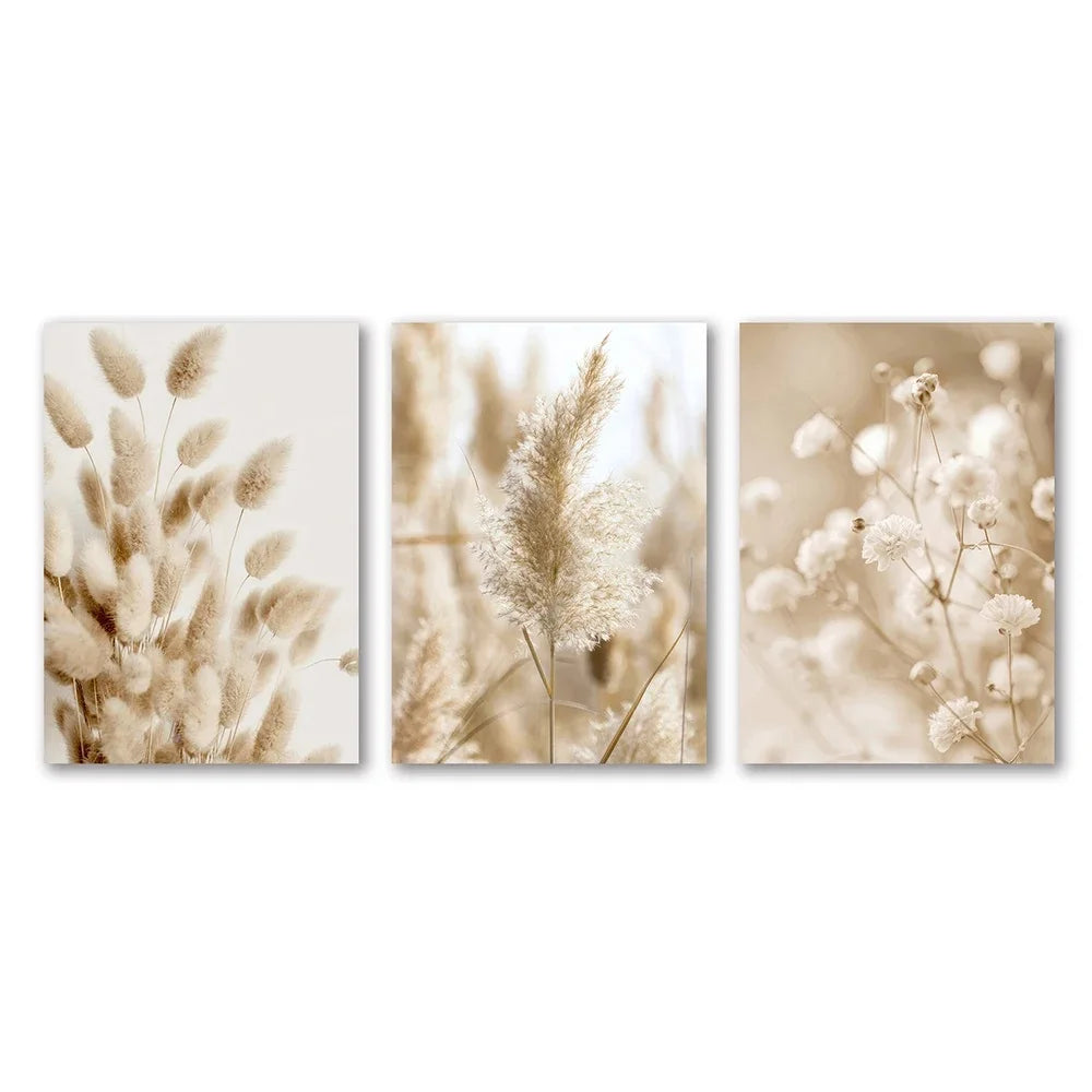 3pcs White Seascape Canvas Painting Nordic Sea Beach Pampas Botanical Grass Posters Decor Living Room Bedroom Wall Art Decor