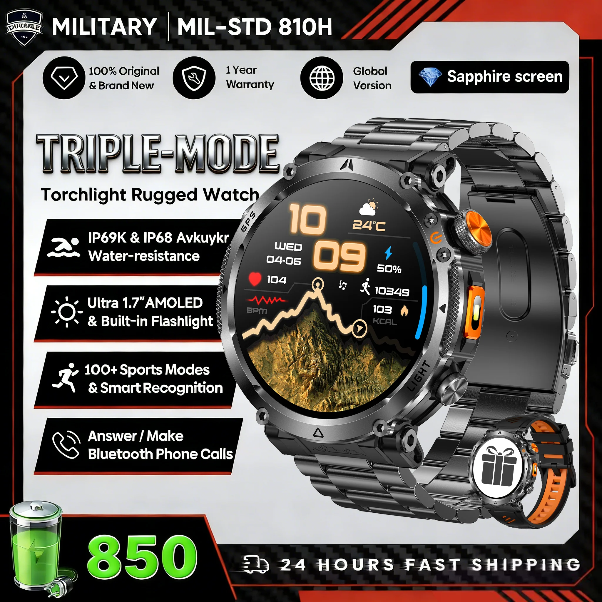 2026 New GPS Ultra Outdoor Sports Smart Watch 1.7" AOD Compass 5ATM Waterproof 170+ Sports Man Durable Military Call Smartwatch