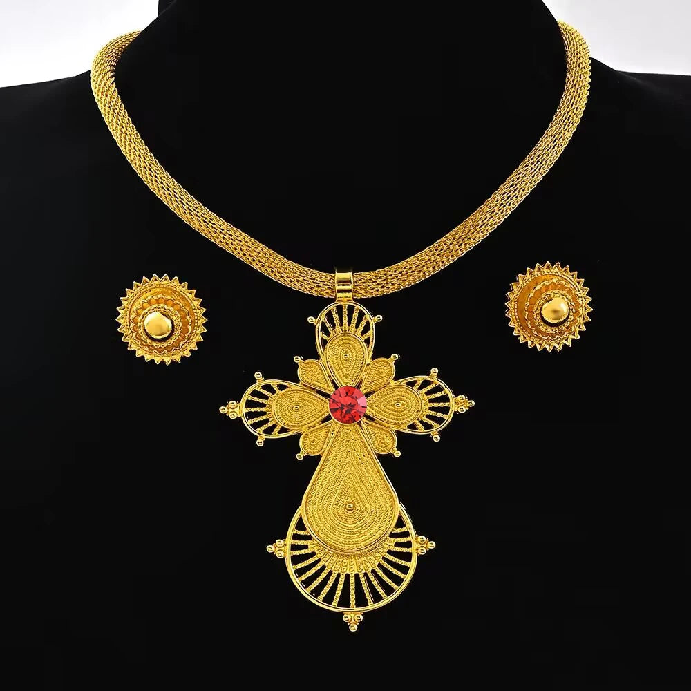 Ethiopian Big Size Pendant Chokers Collar and 2CM Earrings Ethiopian Jewelry Sets Eritrean African Habesha