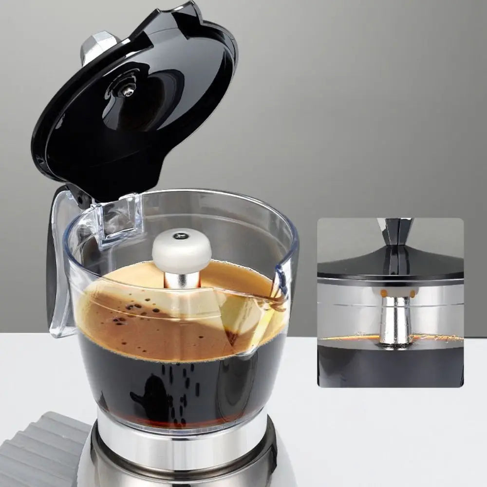 4/6 Cups Visible Moka Pot Transparent Pot Body Stainless Steel Coffee Maker Pot Universal Espresso Italian Coffee Machine