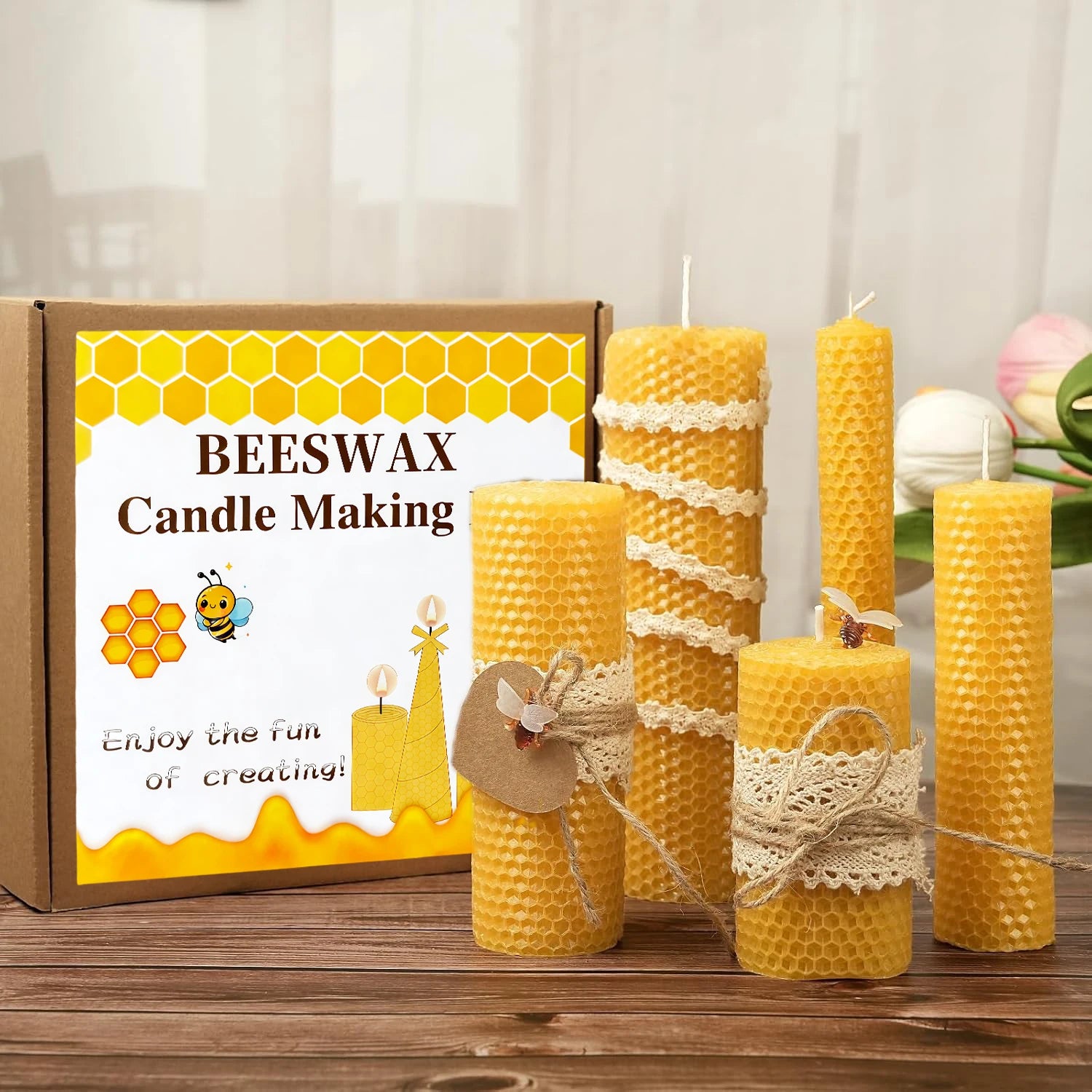 Beeswax DIY Candle Making Kit Candle Making Supplies 8in Beewax Sheets with Cotton Wick Bee Ornaments Lace Ribbon and Hemp Rope