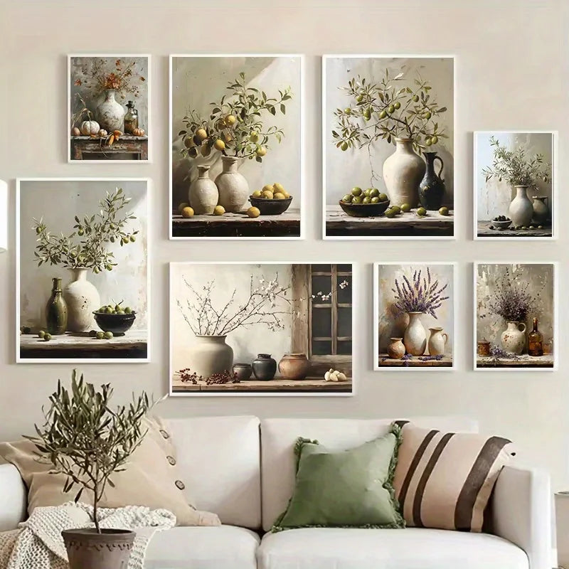 1pc Frameless Retro Still Life Poster Printing Lemon Olive Tree Plant in Vase Canvas Painting Plant Antique Family Room Decor