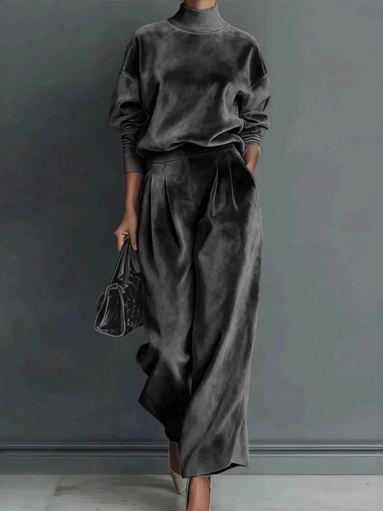 2026 Women Casual Warm Sportswear Set Velvet Long-sleeved Solid Color High-neck Wide-leg Pants Fashion Spring Autumn New Style