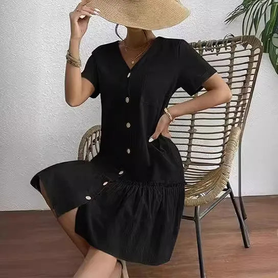 Casual Cotton Linen Summer Mini Dress For Women V-Neck Ruffles Short Sleeve Short Dress Ladies Fashion Loose Button Dresses