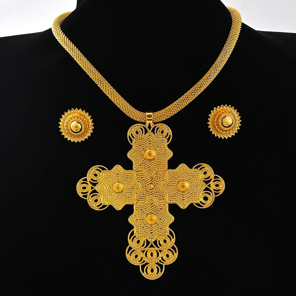 Ethiopian Big Size Pendant Chokers Collar and 2CM Earrings Ethiopian Jewelry Sets Eritrean African Habesha