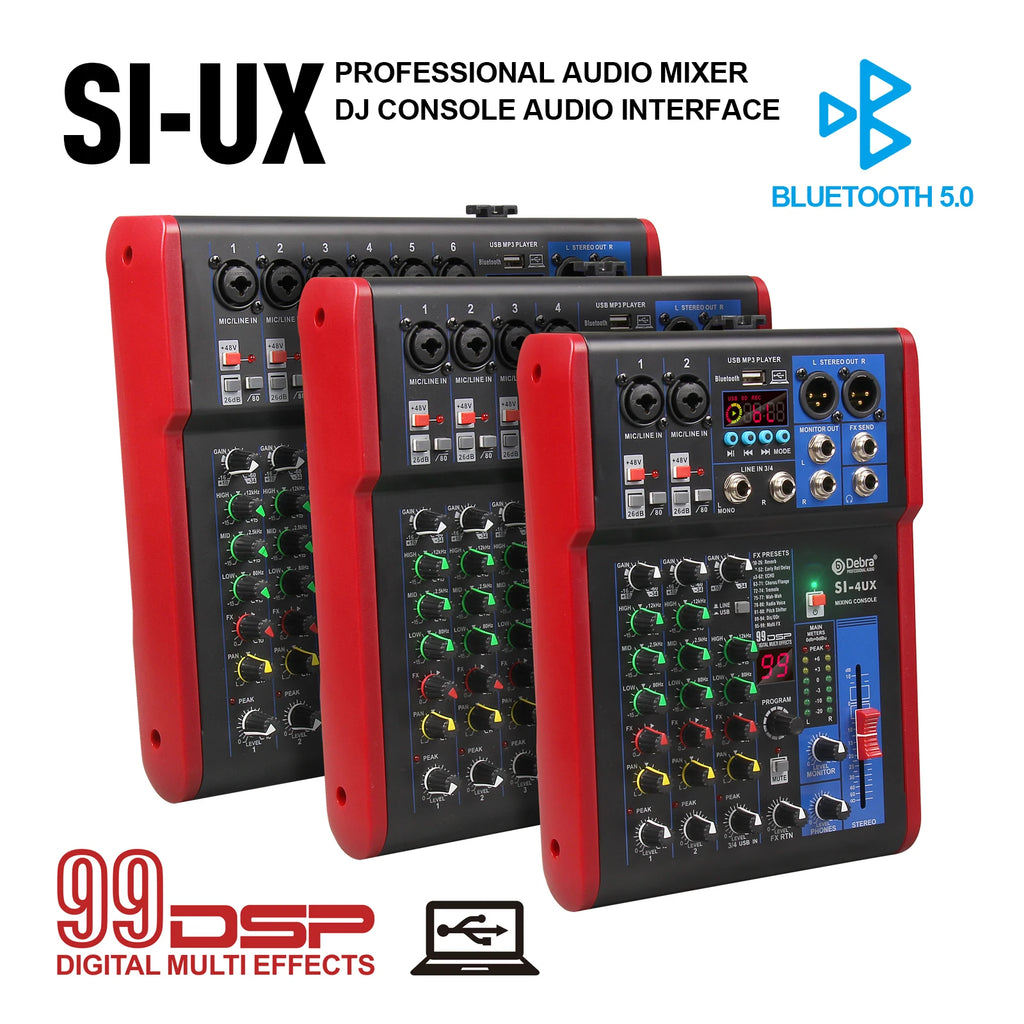 4 6 8-channel portable audio mixer, 99 DSP digital effects, Bluetooth 5.0 USB tuner for DJ consoles, karaoke, music festivals