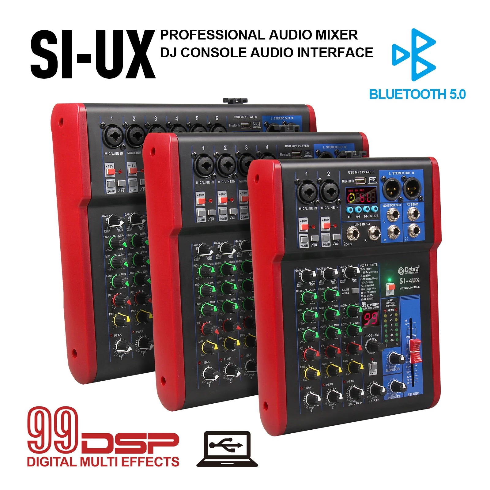 4 6 8-channel portable audio mixer, 99 DSP digital effects, Bluetooth 5.0 USB tuner for DJ consoles, karaoke, music festivals